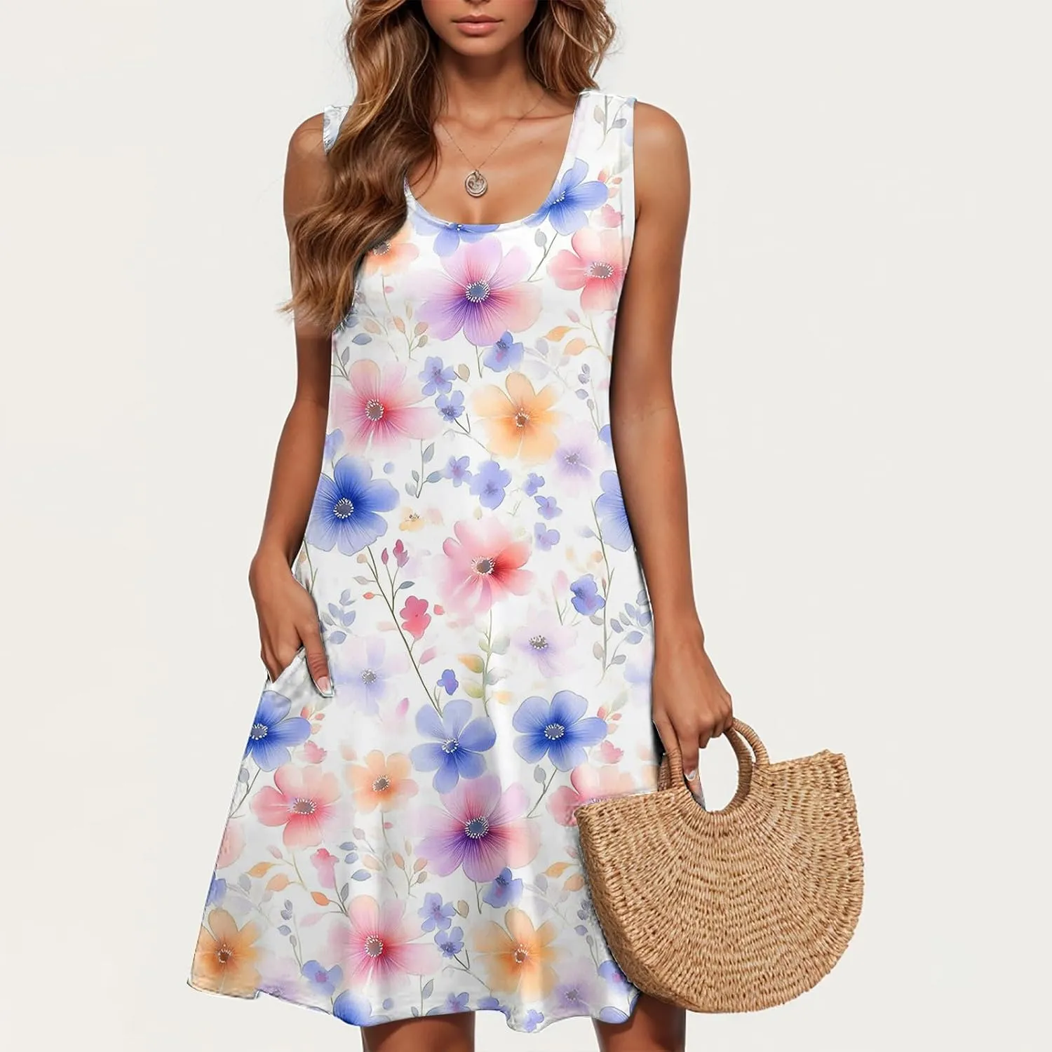 Beach Dresses for Women Trendy Swimsuit Cover Ups Sleeveless Vacation Dresses Floral Swing Mini Dress