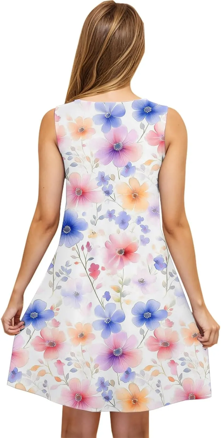 Beach Dresses for Women Trendy Swimsuit Cover Ups Sleeveless Vacation Dresses Floral Swing Mini Dress