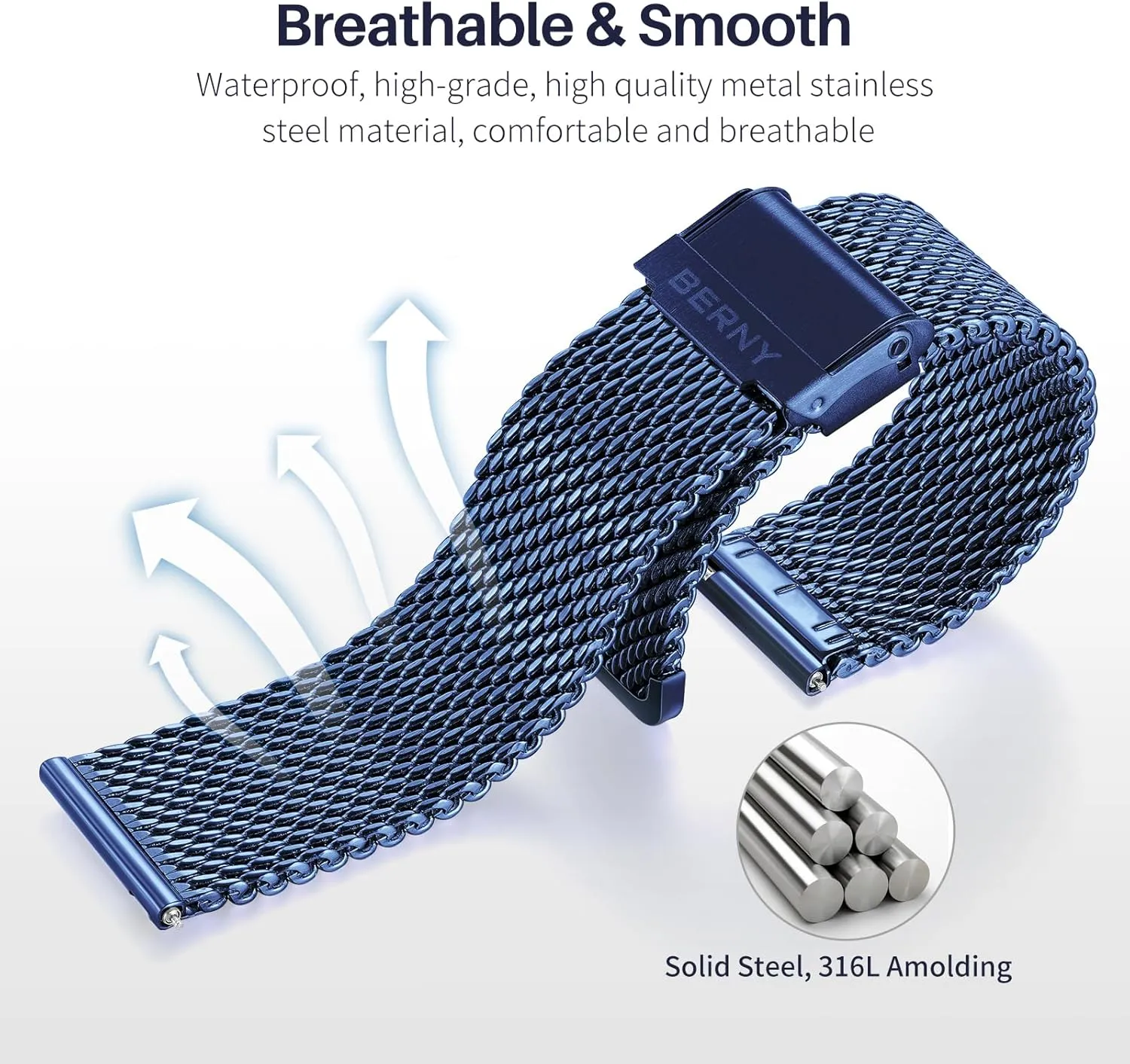 BERNY Stainless Steel Mesh Watch Band for Men Women, Quick Release Adjustable Milanese Watch Straps, Solid Metal Watch Bracelet with Double Safety Clasp Gold Blue