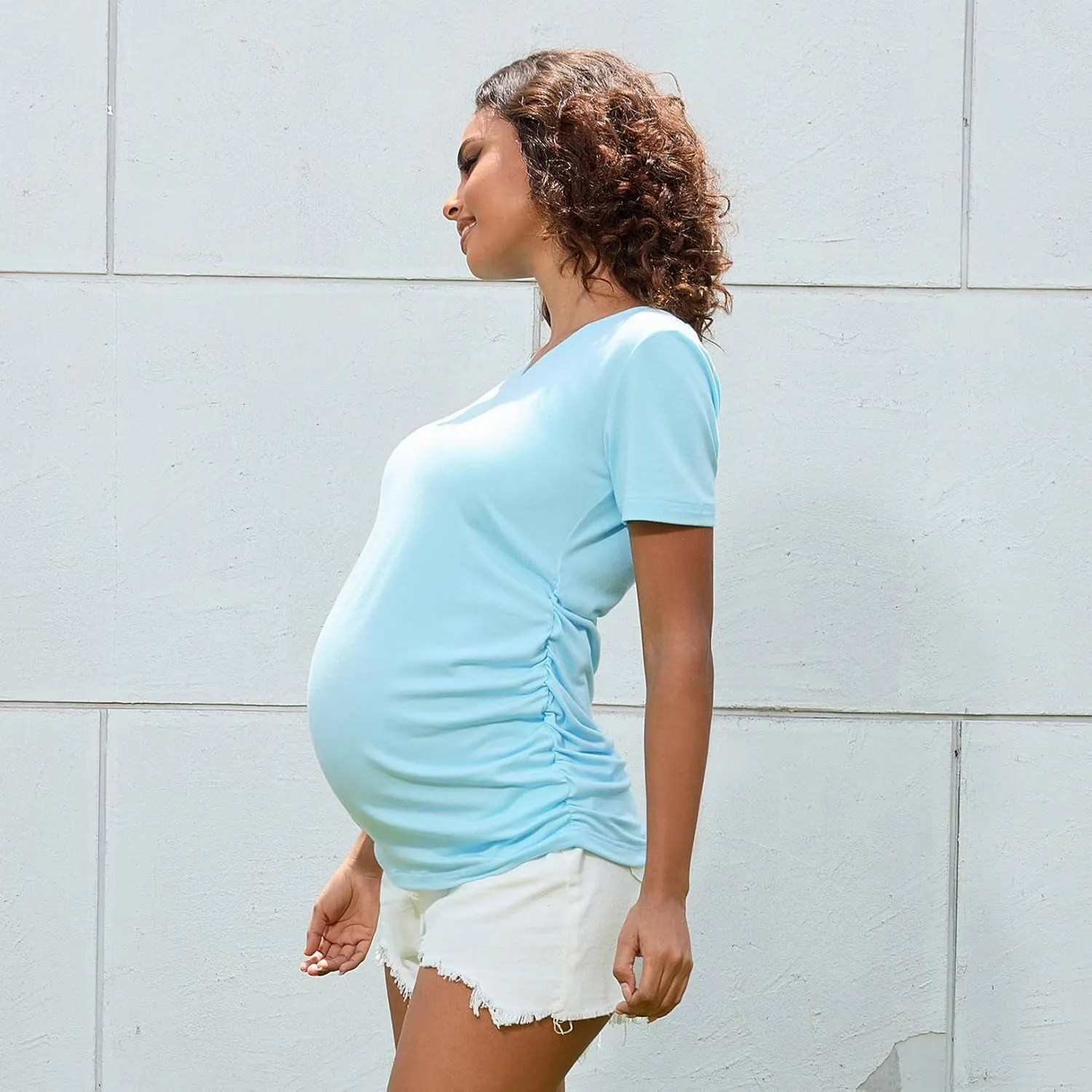 Bhome Maternity Shirt Short Sleeve Pregnancy Tshirt Side Ruched Tee Top