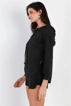 Black Racer Back Detail Long Sleeve Hooded Top & Short Set /2-2-2