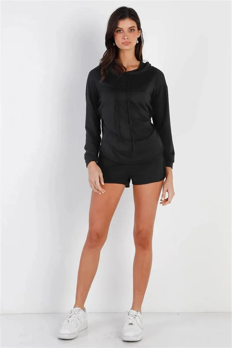 Black Racer Back Detail Long Sleeve Hooded Top & Short Set /2-2-2