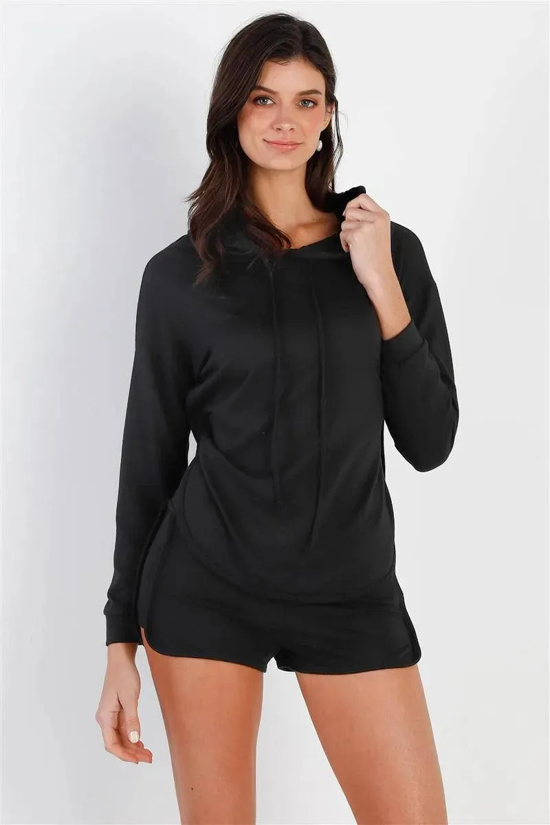 Black Racer Back Detail Long Sleeve Hooded Top & Short Set /2-2-2