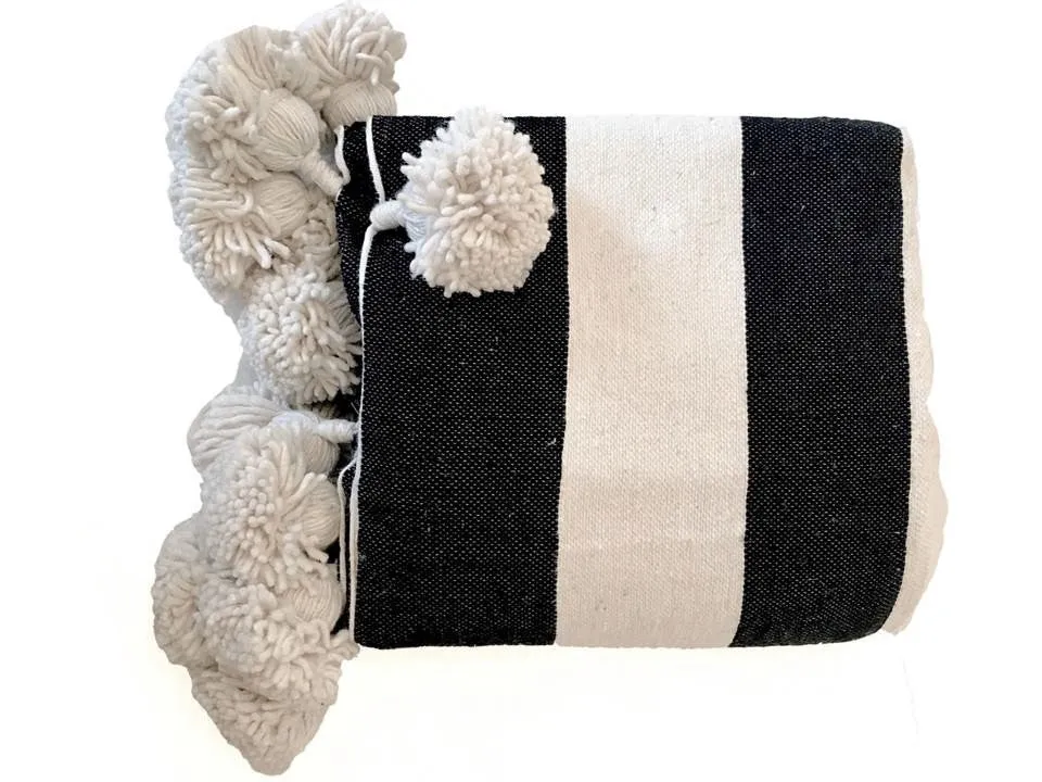 Black with Large White Stripes Pom Pom Blanket - Atlas