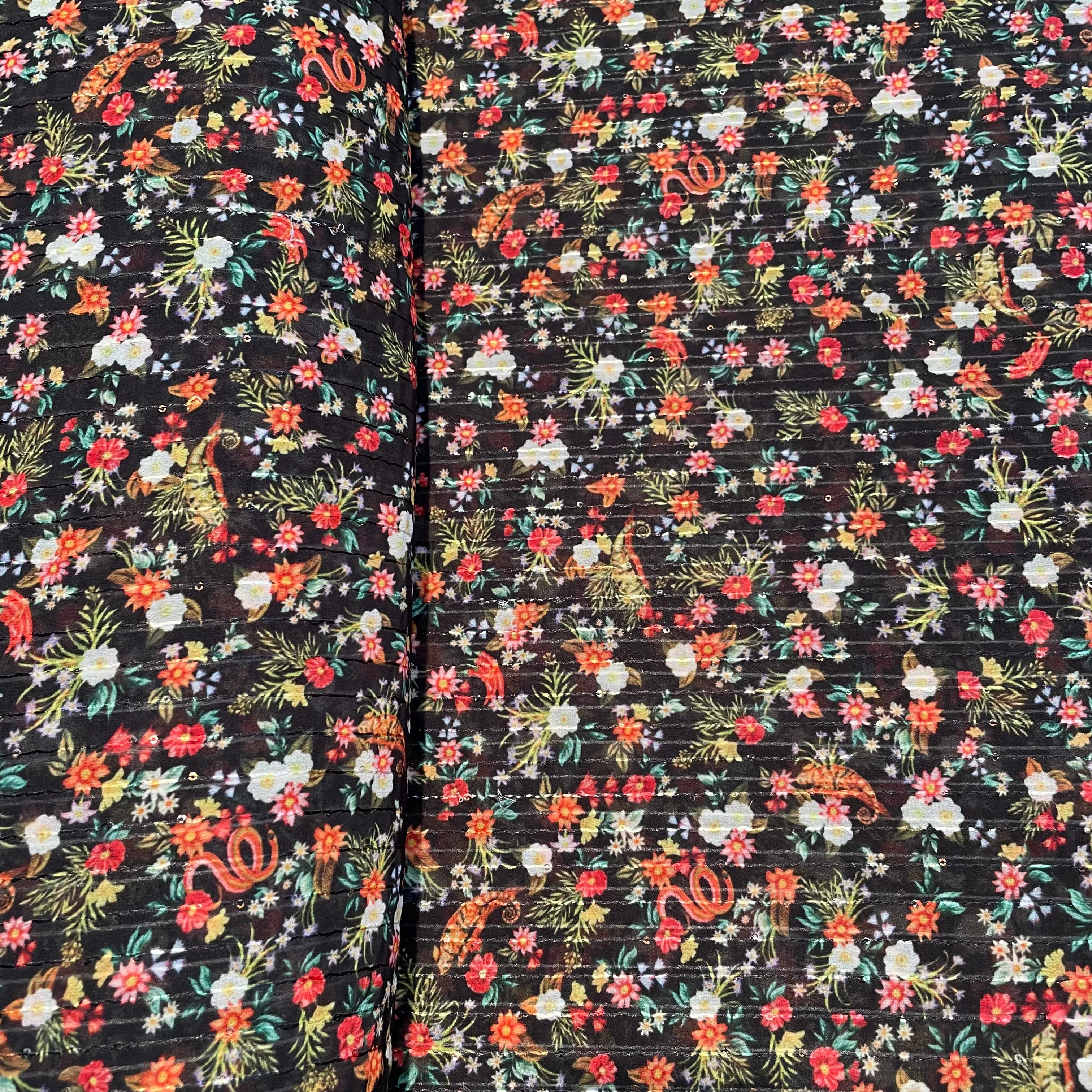 Black With Multicolor Floral Sequins Embroidery Georgette Fabric