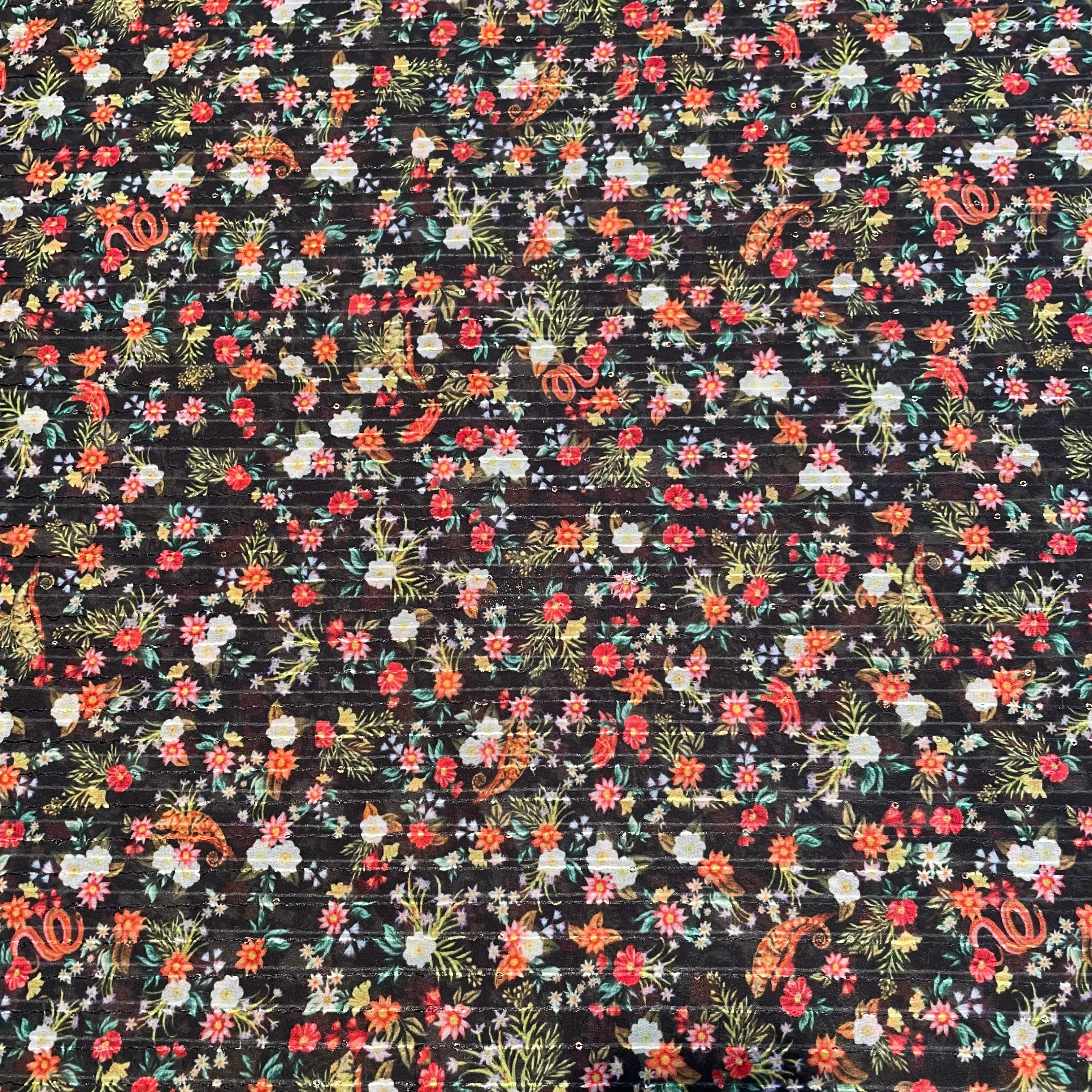 Black With Multicolor Floral Sequins Embroidery Georgette Fabric