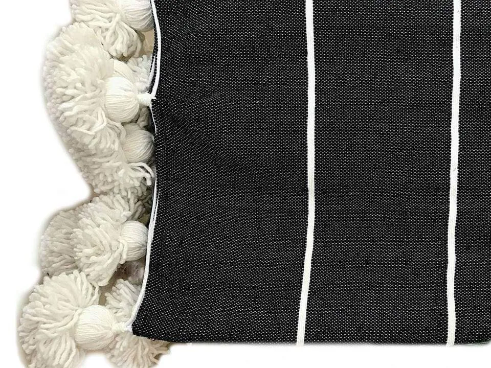 Black with White Stripes Pom Pom Blanket - Marrakesh