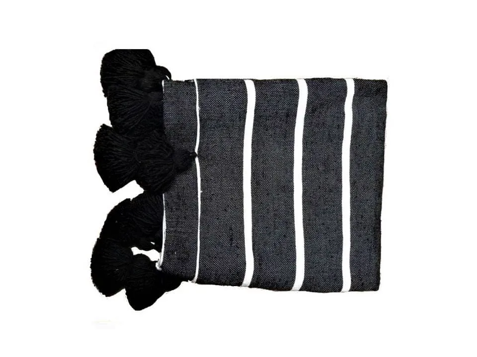 Black with White Stripes Pom Pom Blanket