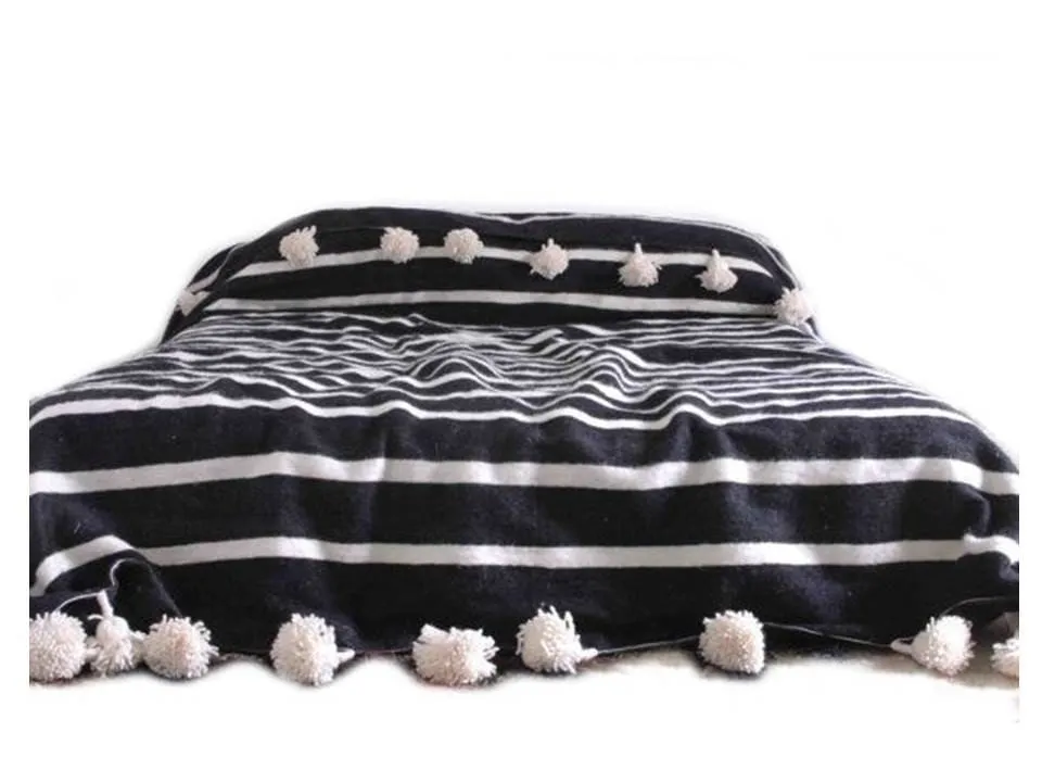 Black with White Stripes Pom Pom Blanket