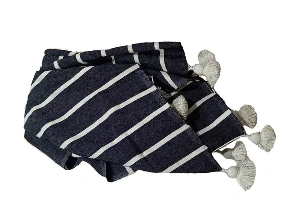 Black with White Stripes Pom Pom Blanket