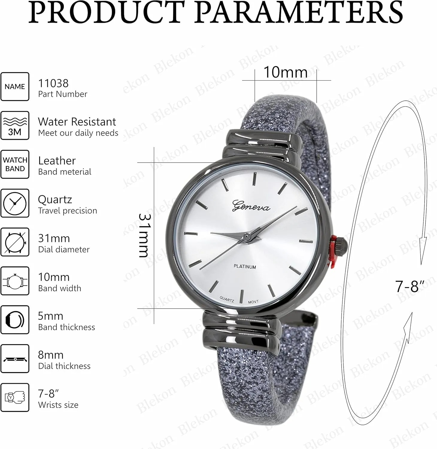 Blekon Collections Women's Analog Quartz 31mm Case Sparkling Glitter Designed Leather Cuff Bangle Ladies Wrist Watch