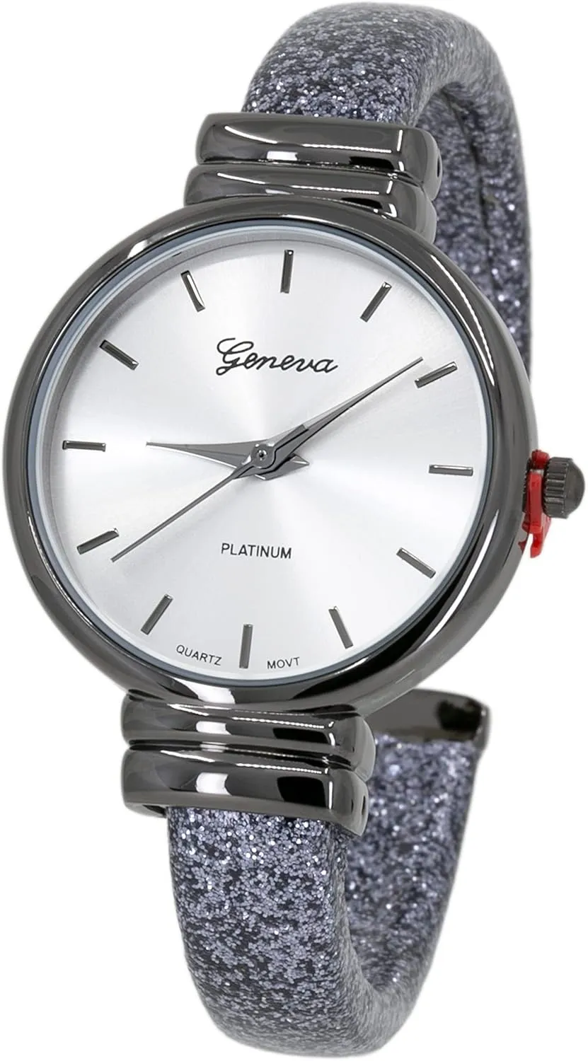 Blekon Collections Women's Analog Quartz 31mm Case Sparkling Glitter Designed Leather Cuff Bangle Ladies Wrist Watch