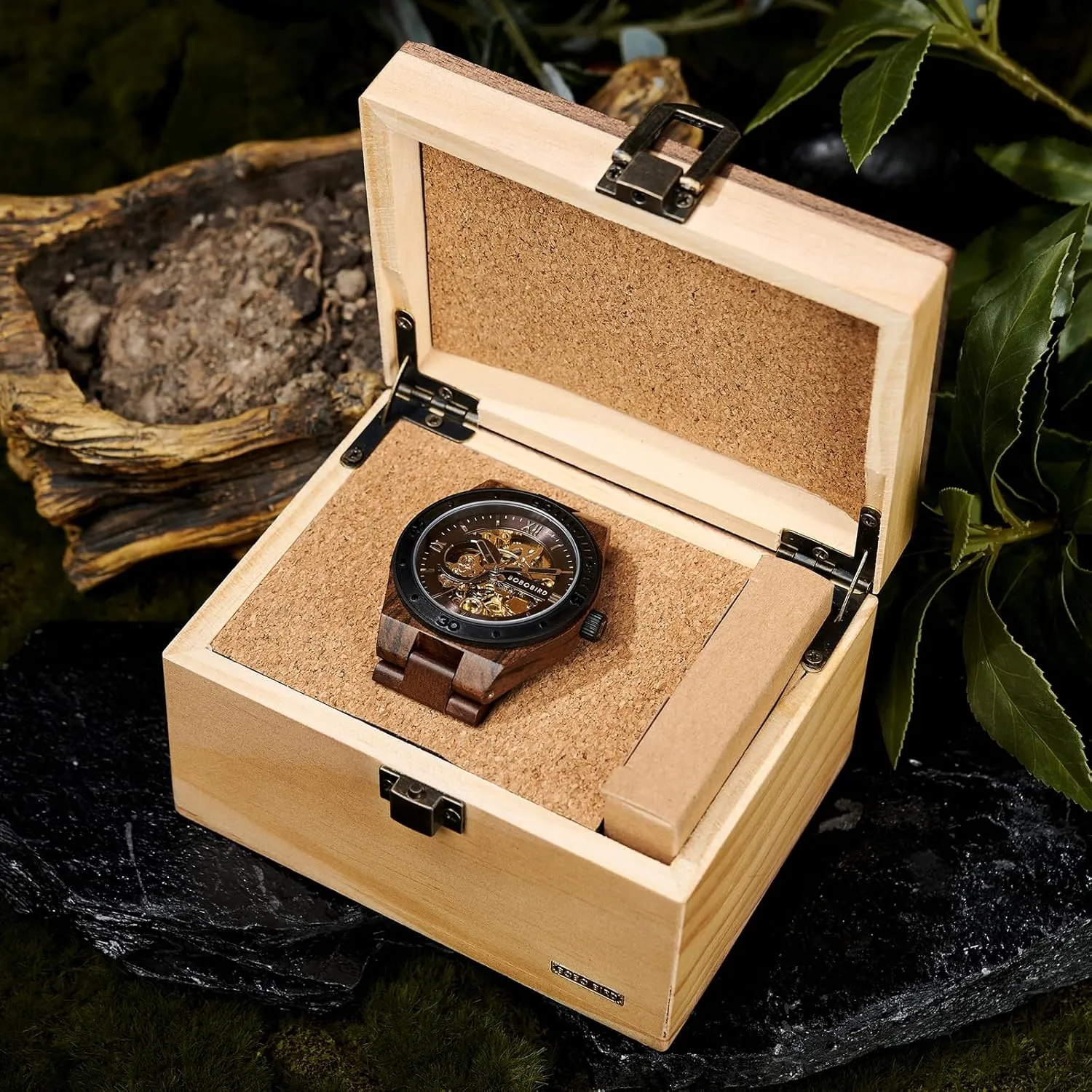 BOBO BIRD Mens Wood Watches Skeleton Mechanical Wooden Watch Lightweight Luxury Wristwatches with Natural Wood Band of Limited Edition Collection for Men