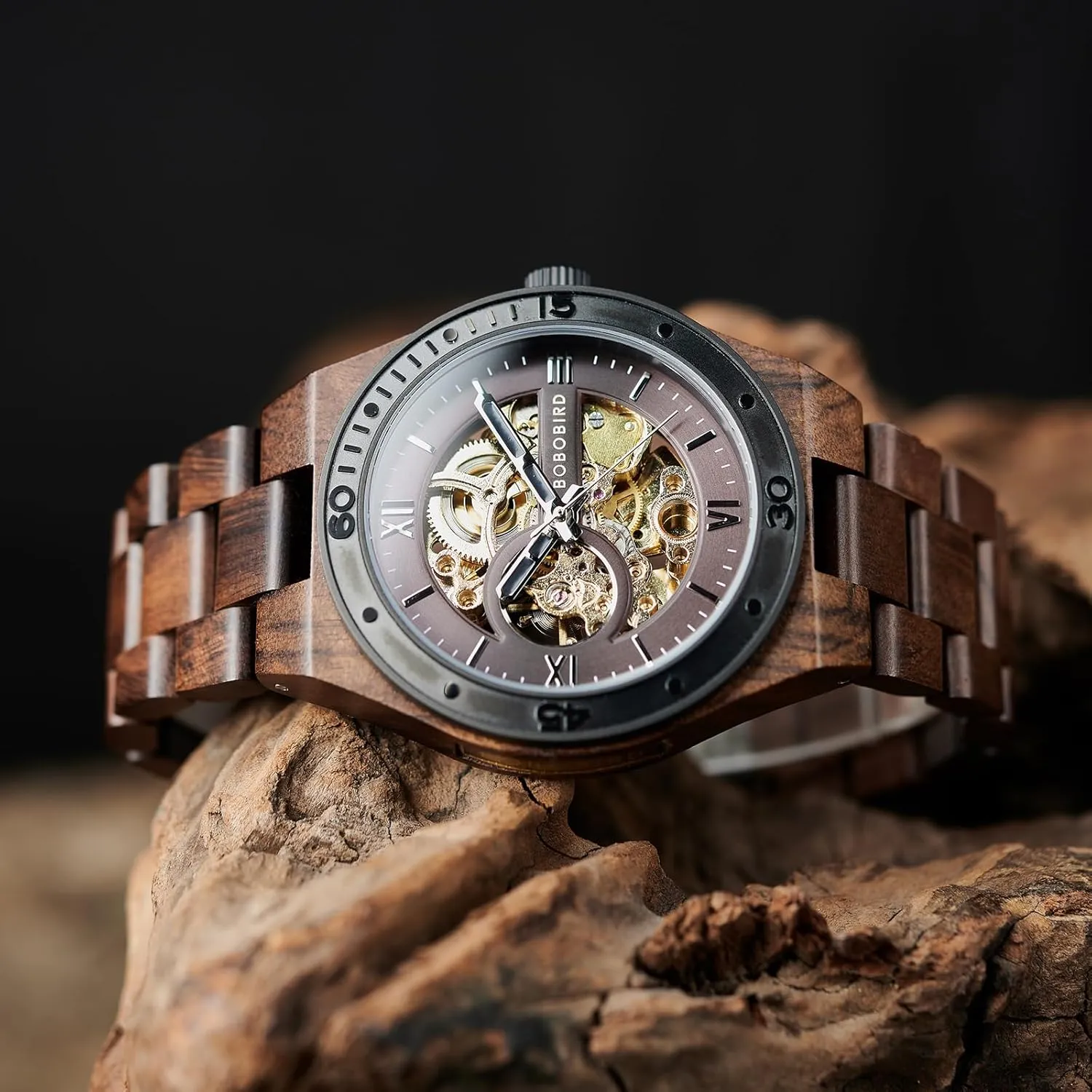 BOBO BIRD Mens Wood Watches Skeleton Mechanical Wooden Watch Lightweight Luxury Wristwatches with Natural Wood Band of Limited Edition Collection for Men