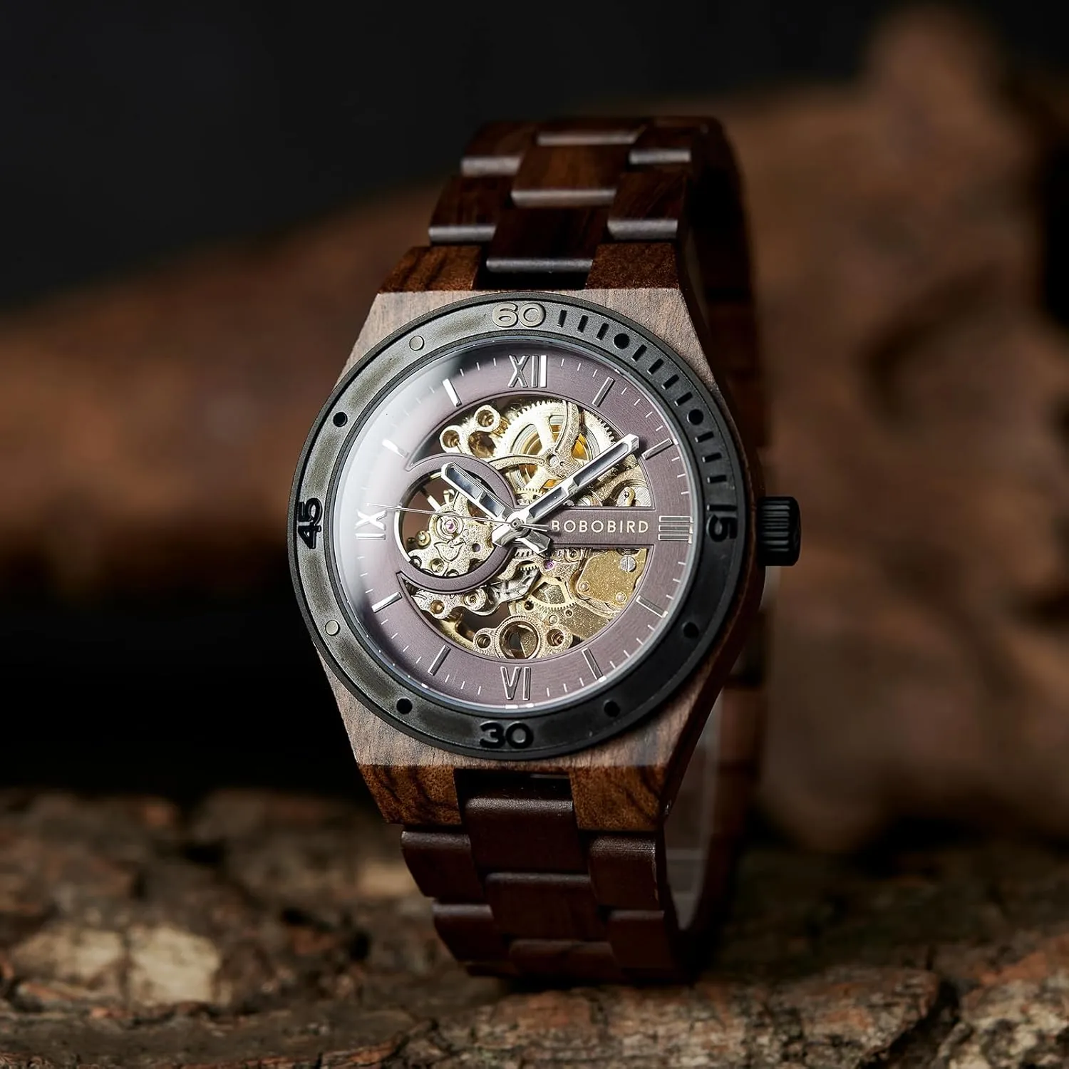 BOBO BIRD Mens Wood Watches Skeleton Mechanical Wooden Watch Lightweight Luxury Wristwatches with Natural Wood Band of Limited Edition Collection for Men