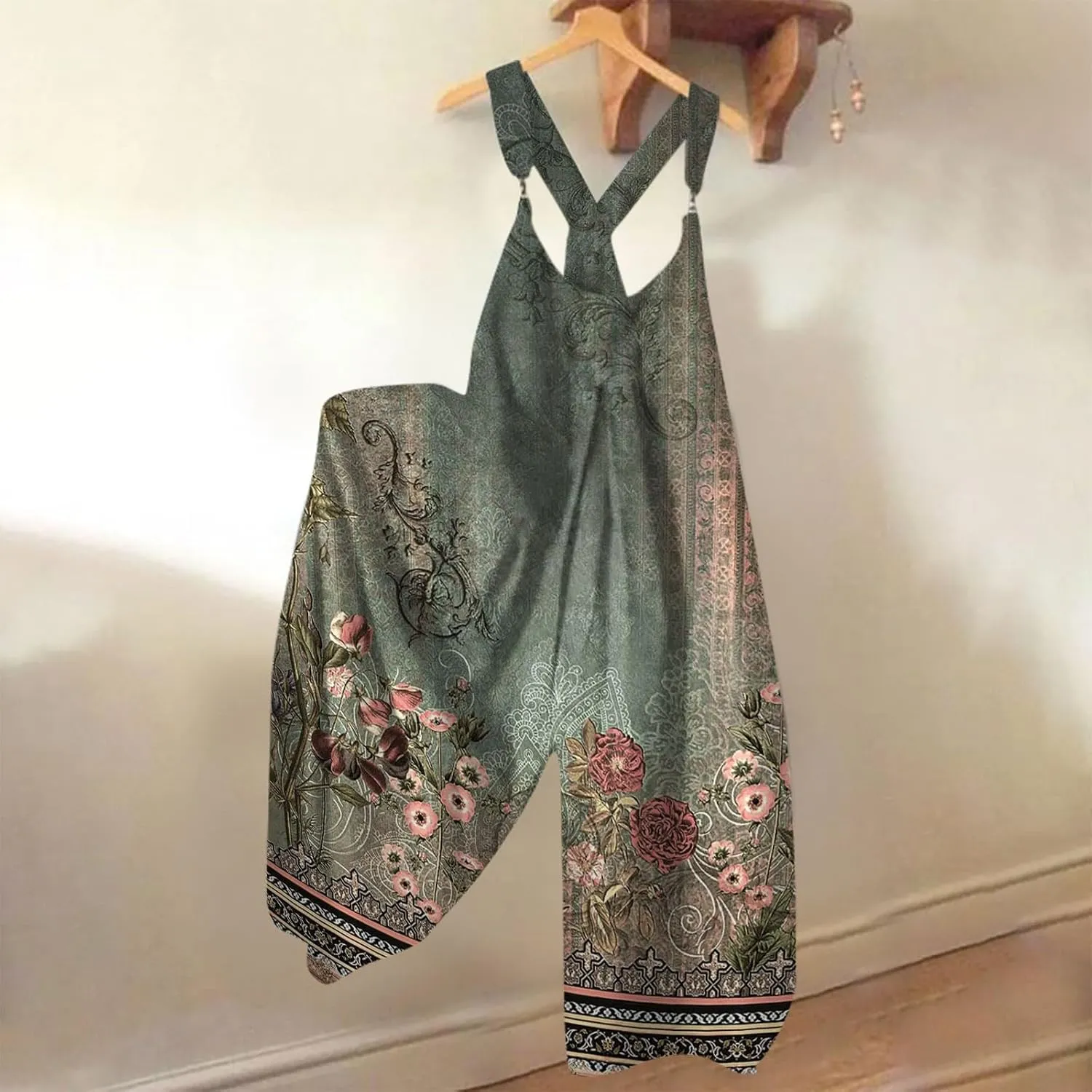 Boho Jumpsuit for Women 2025 Summer Wide Leg Sleeveless Overall Vintage Art Graphic Romper