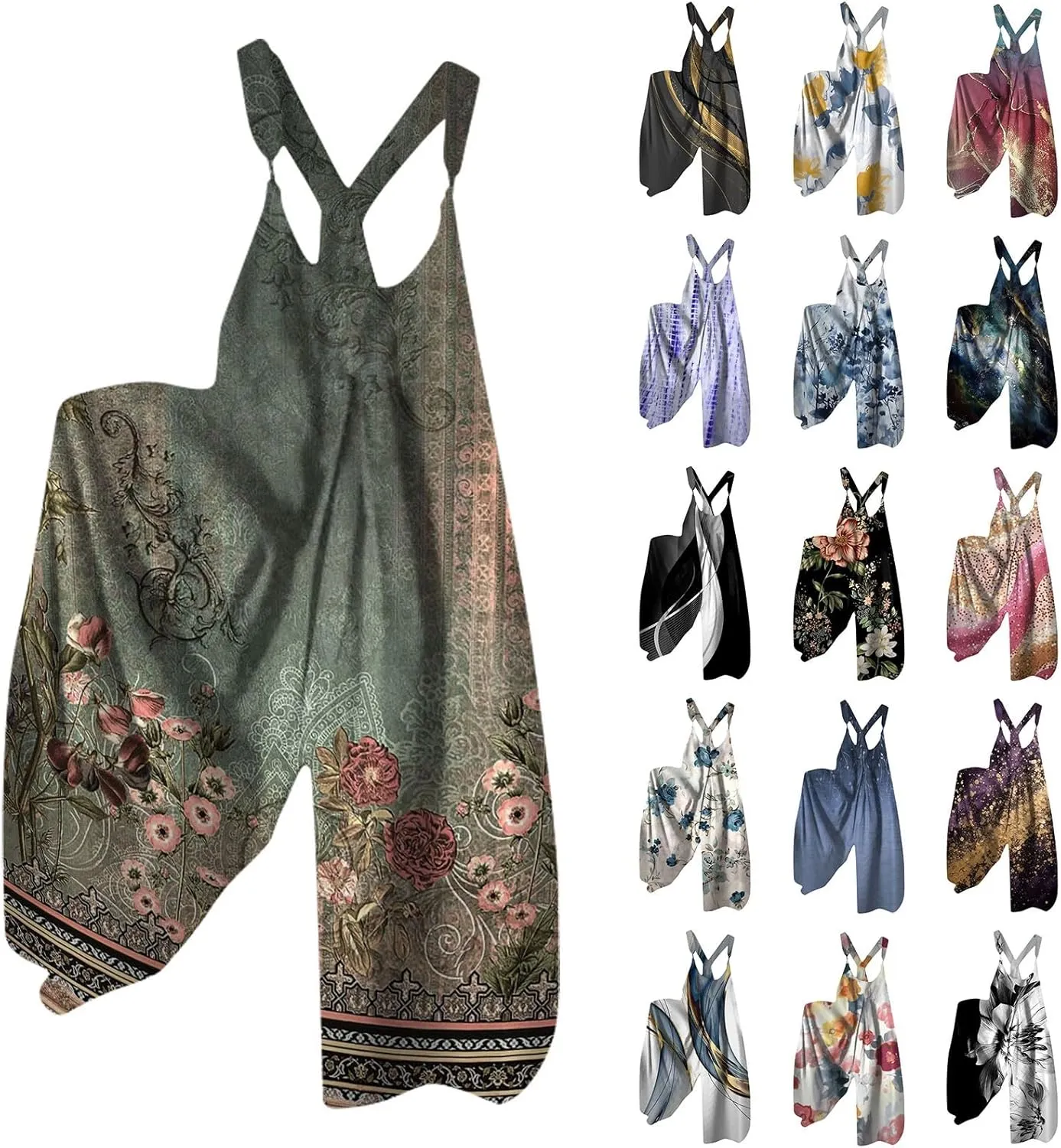 Boho Jumpsuit for Women 2025 Summer Wide Leg Sleeveless Overall Vintage Art Graphic Romper