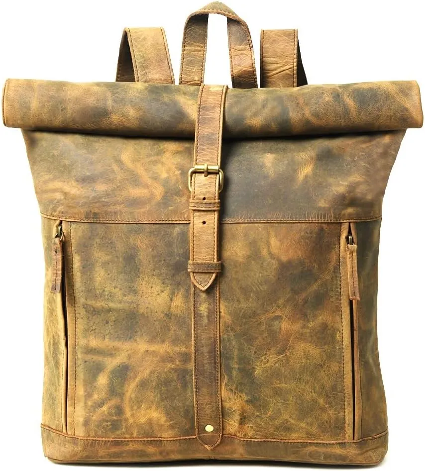 Buffalo Leather Roll On Laptop Backpack 16 Inch | Vintage Genuine Leather Rucksack Backpack for Men & Women | Best Full Grain Brown Leather Backpacks Book Bag Knapsack for Travel Hiking Use