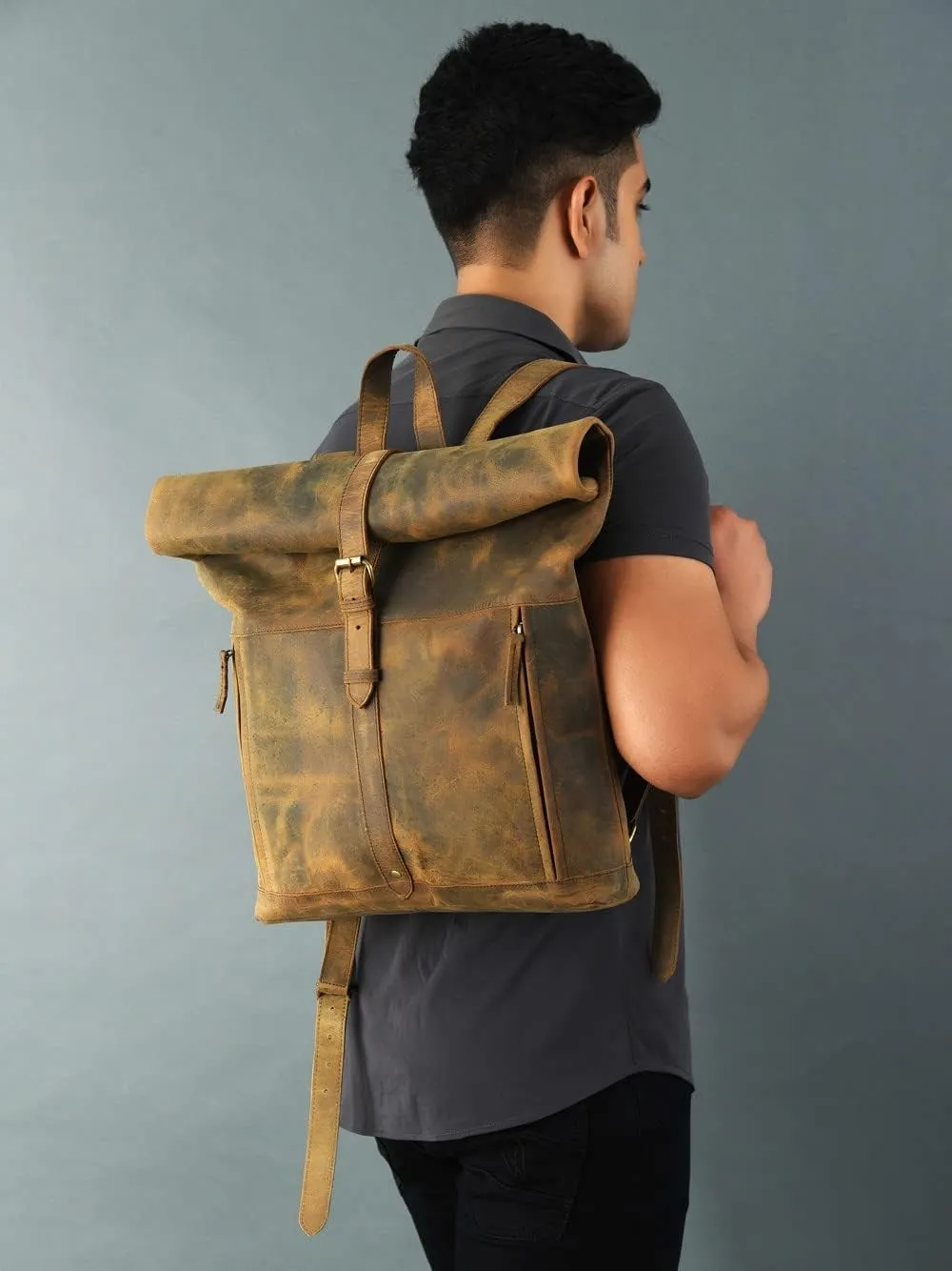 Buffalo Leather Roll On Laptop Backpack 16 Inch | Vintage Genuine Leather Rucksack Backpack for Men & Women | Best Full Grain Brown Leather Backpacks Book Bag Knapsack for Travel Hiking Use