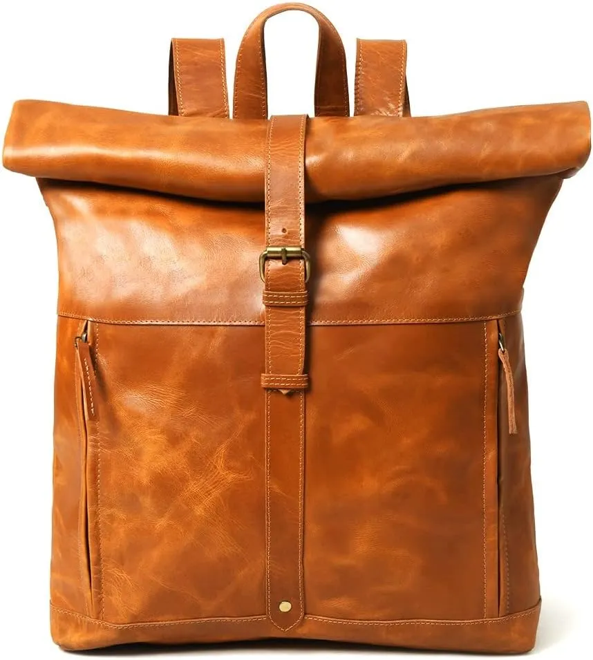 Buffalo Leather Roll On Laptop Backpack 16 Inches | Vintage Genuine Leather Rucksack Backpack for Men & Women | Best Full Grain Tan Leather Backpacks Book Bag Knapsack for Travel Hiking Use