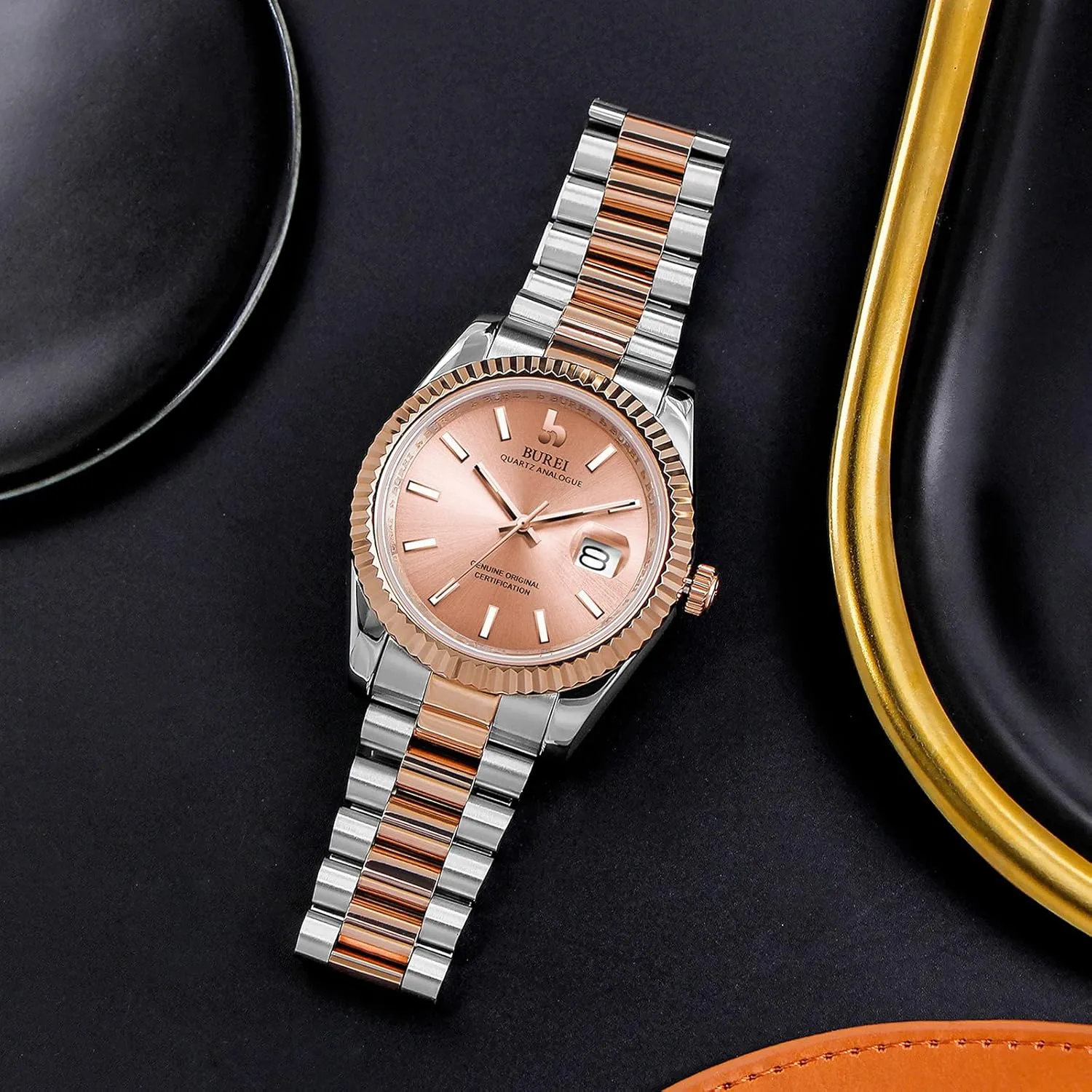 BUREI Mens Watches Luxury Stainless Steel Analog Quartz Waterproof Wristwatch Sapphire Crystal Dial with Calendar Display,Gift for Men