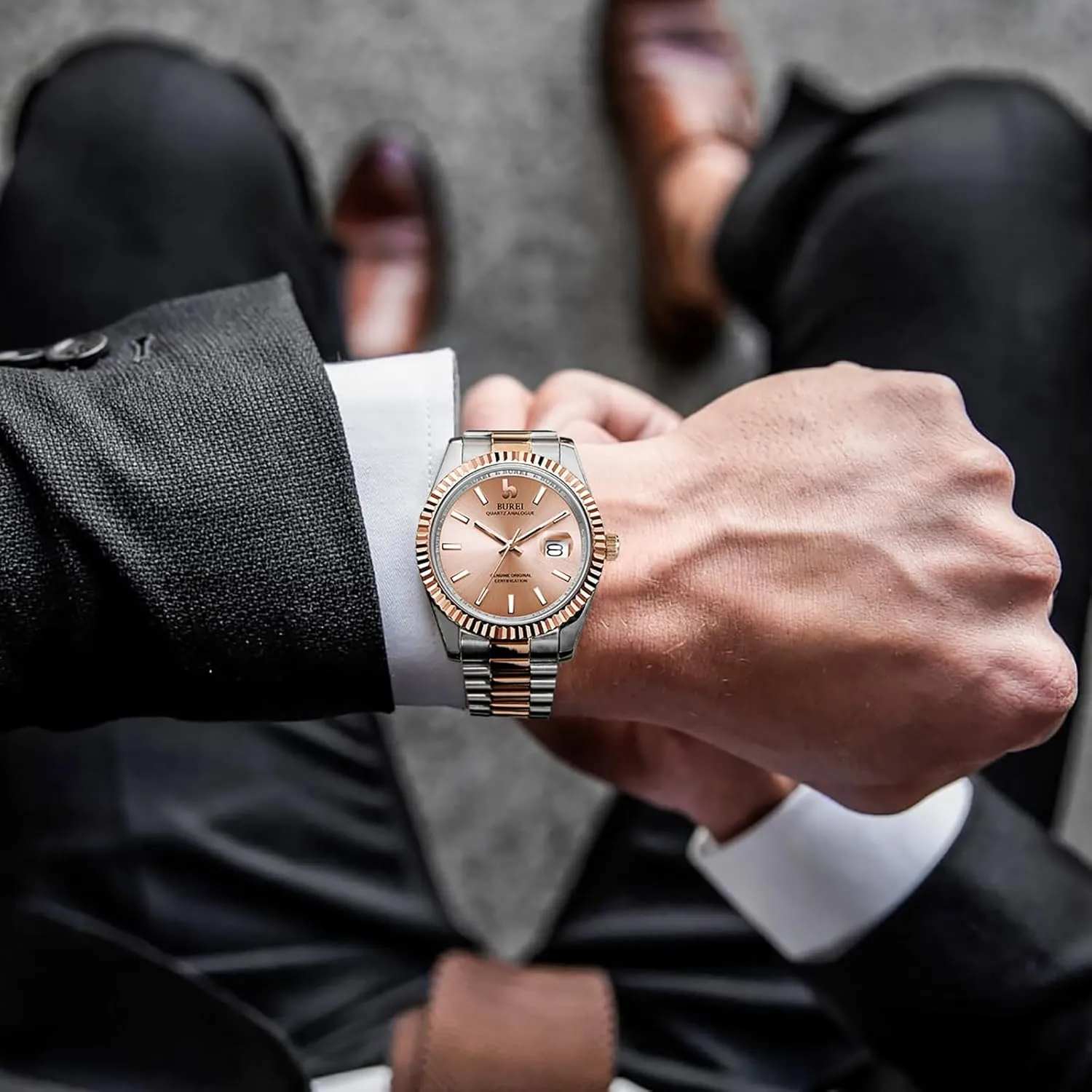 BUREI Mens Watches Luxury Stainless Steel Analog Quartz Waterproof Wristwatch Sapphire Crystal Dial with Calendar Display,Gift for Men