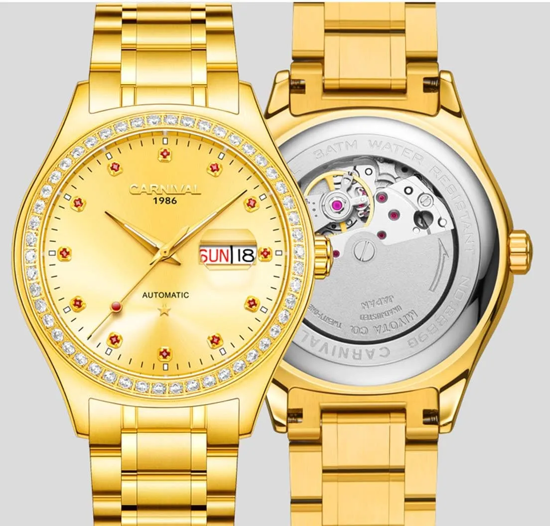 Business Men's Watches Automatic Mechanical Diamond Bezel Stainless Steel Waterproof Gold Watch for Men