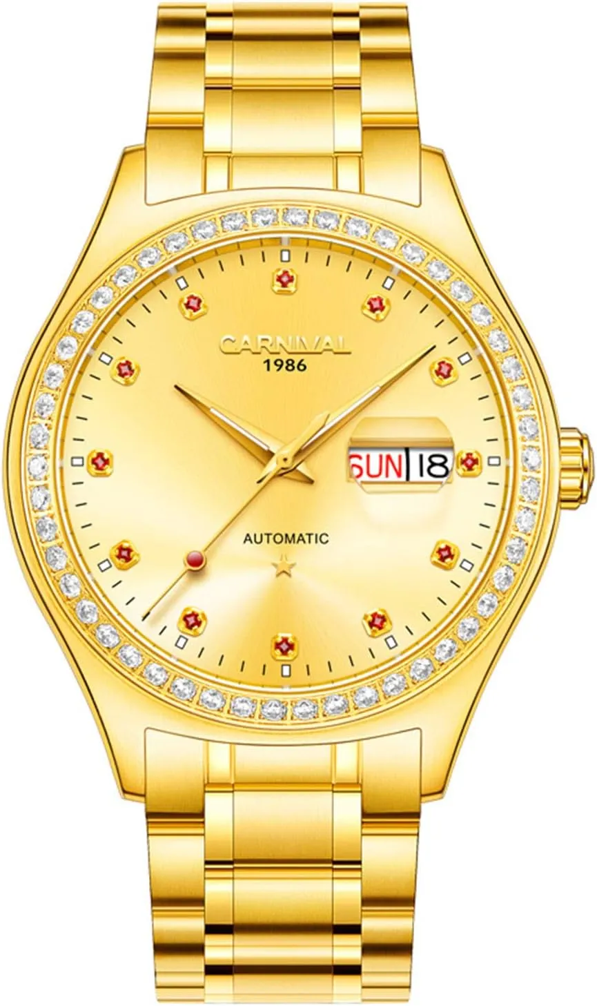 Business Men's Watches Automatic Mechanical Diamond Bezel Stainless Steel Waterproof Gold Watch for Men