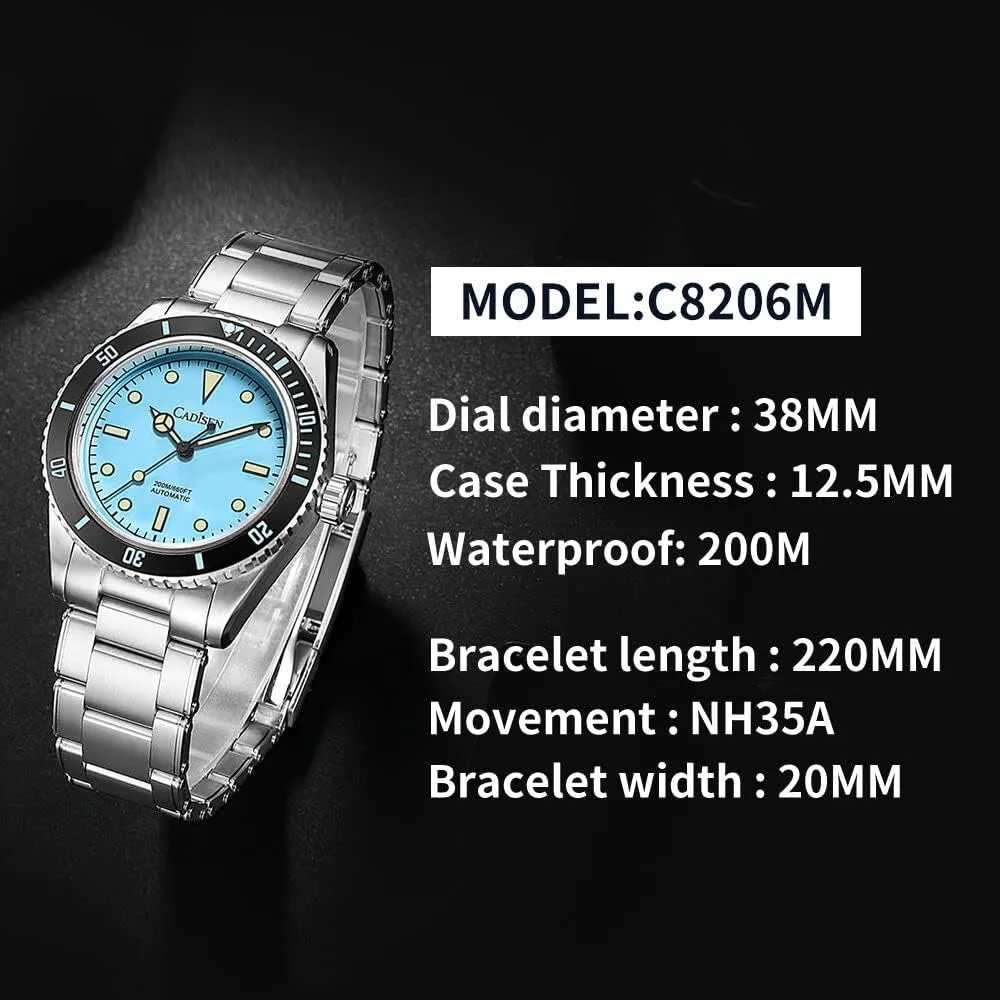 CADISEN 8206 Men's Diving Watch Japanese NH35 Self-Winding Movement Stainless Steel 200m Waterproof Super Luminous Casual Business Mechanical Watch