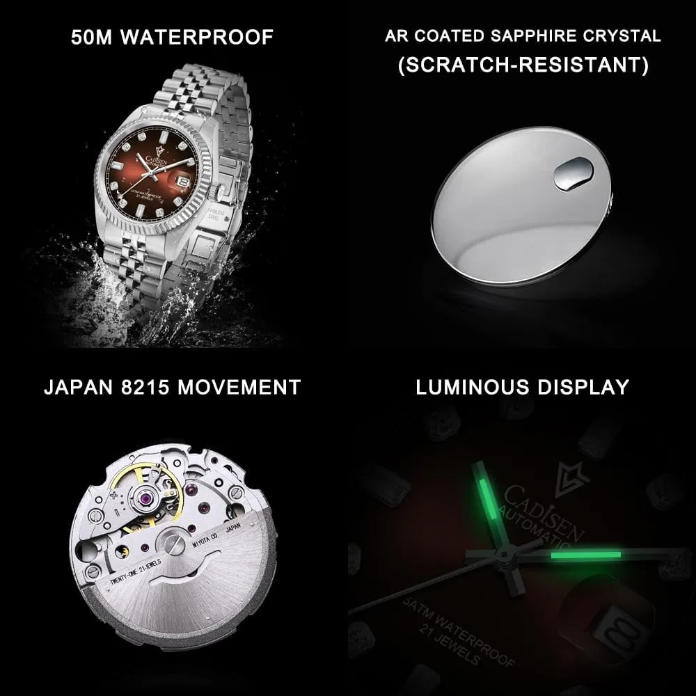 CADISEN Mens Automatic Mechanical Watch Casual Watches for Men Waterproof Sapphire Week Calendar