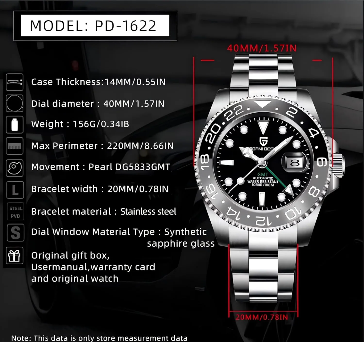 CADISEN Pagani Design 1662 GMT Men's Automatic Mechanical Watch Top Grade Stainless Steel Sapphire Glass Diver Sports Men's Watch 40mm Date 100M Waterproof reloj Hombre