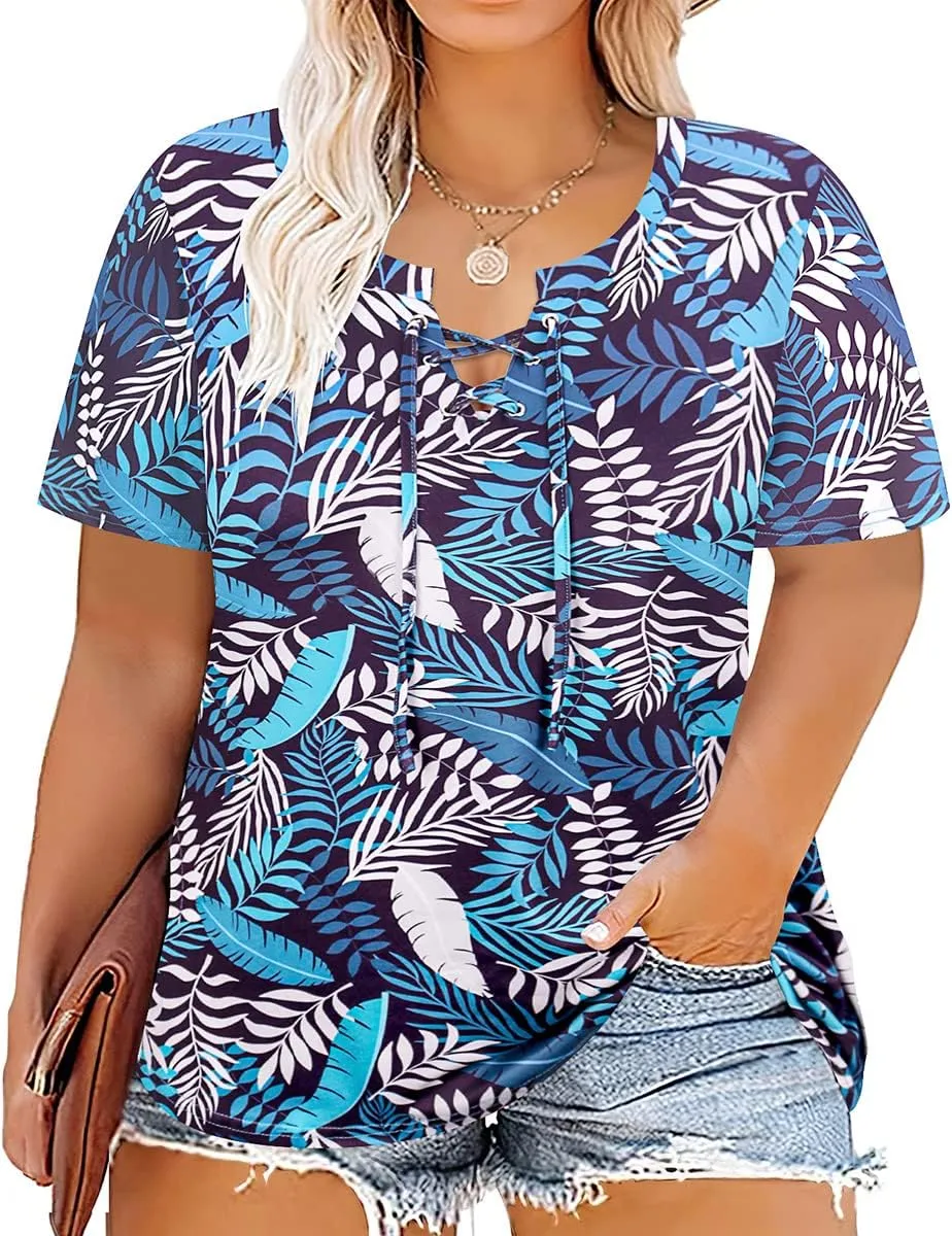 CARCOS Womens Plus Size Tops Short Sleeve Shirts V Neck Tunic Floral/Tie Dye/Solid Summer Tees XL-5X