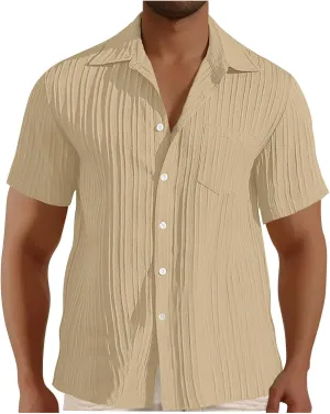 Casual Shirts for Men Summer Loose Fashion Button Down Shirts Vacation Solid Pleated Lapel Short Sleeve Top Clothes