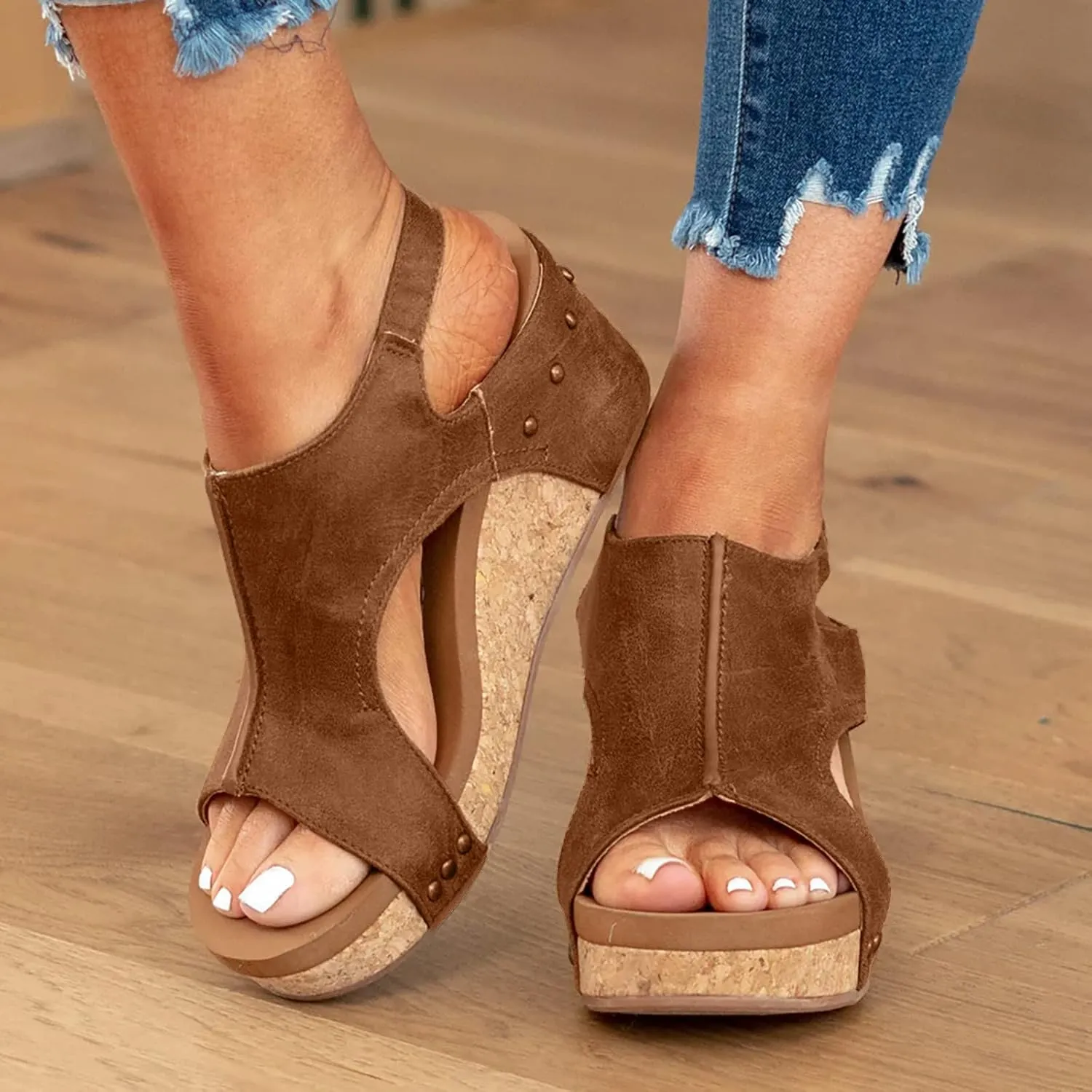 Cathalem Womens Wedge Orthopedic Sandals Summer Platform Cork Wedges Espadrille Heel Strappy Leather Arch Support Sandals