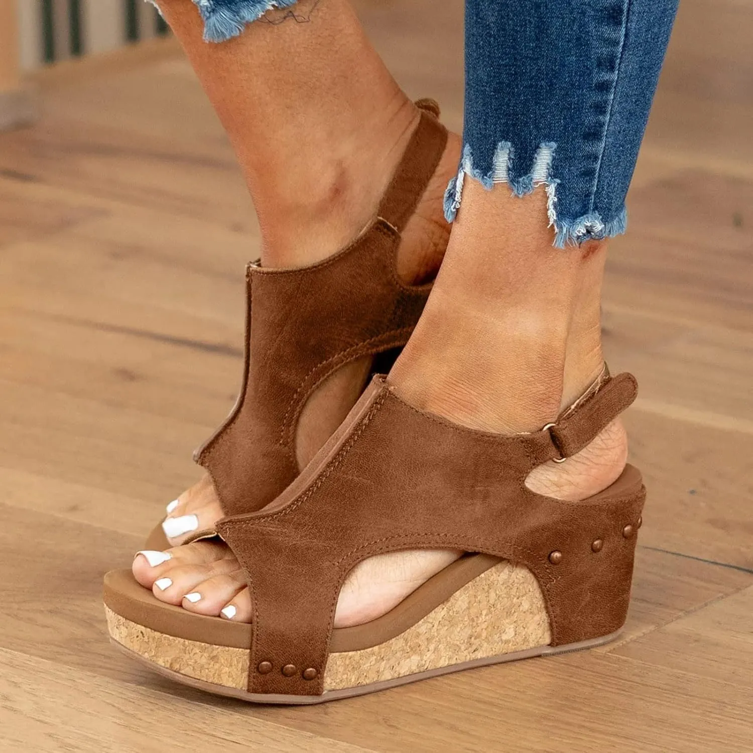 Cathalem Womens Wedge Orthopedic Sandals Summer Platform Cork Wedges Espadrille Heel Strappy Leather Arch Support Sandals
