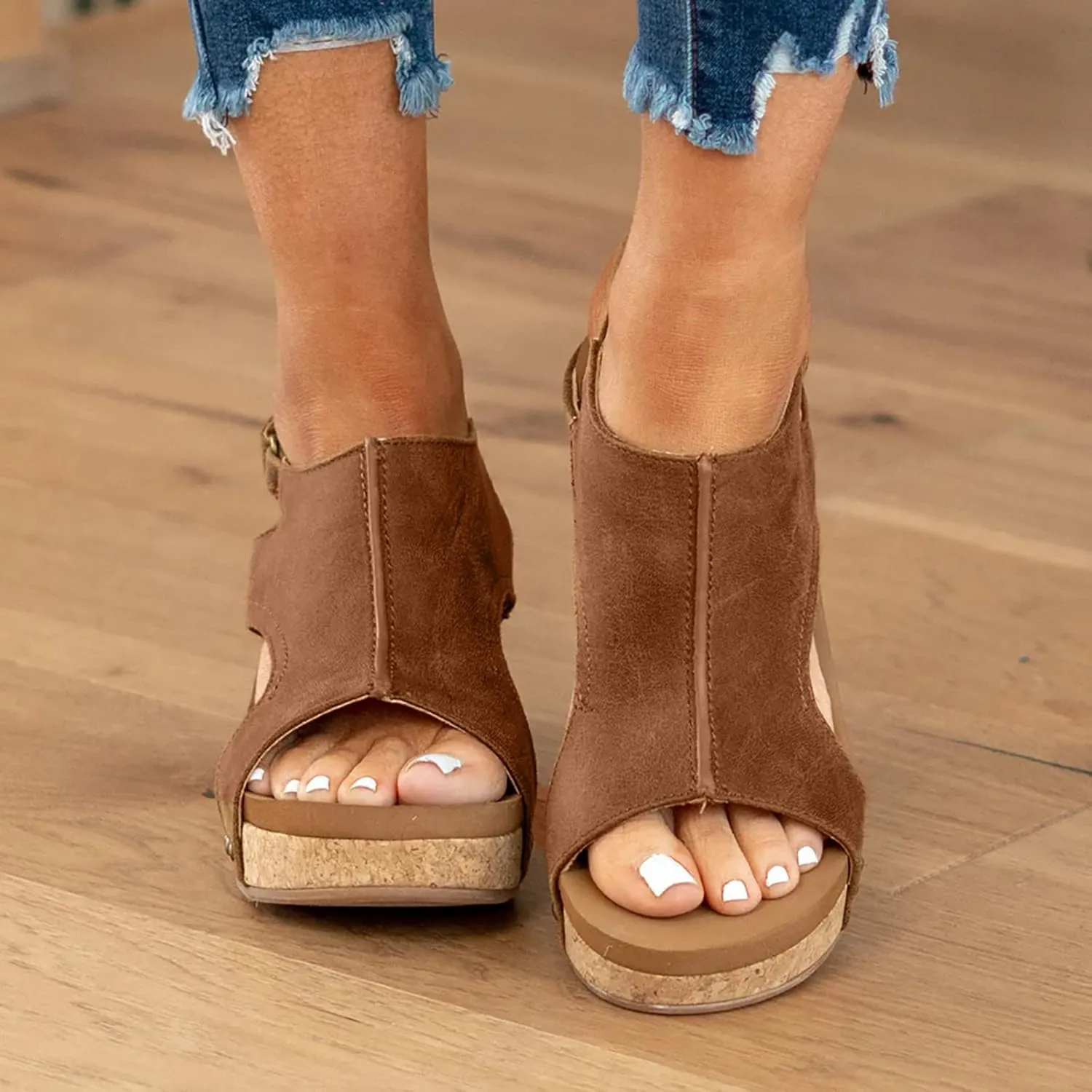 Cathalem Womens Wedge Orthopedic Sandals Summer Platform Cork Wedges Espadrille Heel Strappy Leather Arch Support Sandals
