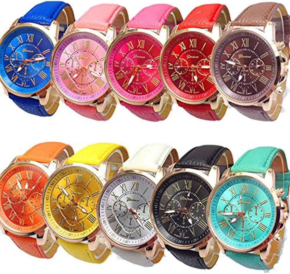 CdyBox Women Men Lady PU Leather Band Watches Roman Numerals Dial Analog Quartz Wristwatches (10 Pack)