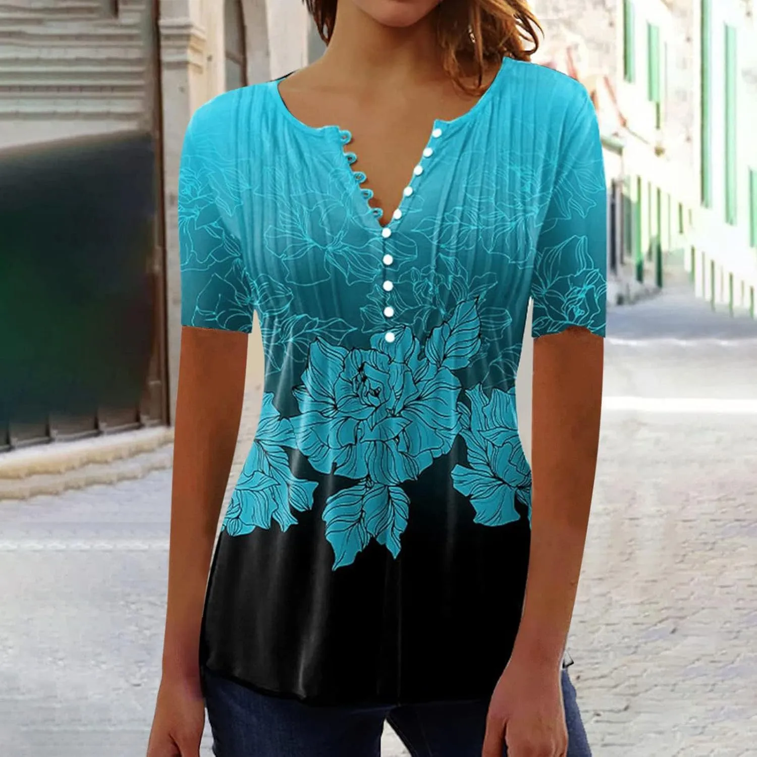 Ceboyel Women Short Sleeve Summer Tops 2023 Floral T Shirts Button V Neck Causal Blouses Trendy Dressy Ladies Fashion Clothes