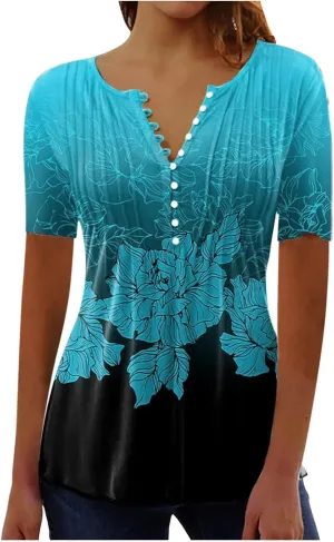 Ceboyel Women Short Sleeve Summer Tops 2023 Floral T Shirts Button V Neck Causal Blouses Trendy Dressy Ladies Fashion Clothes