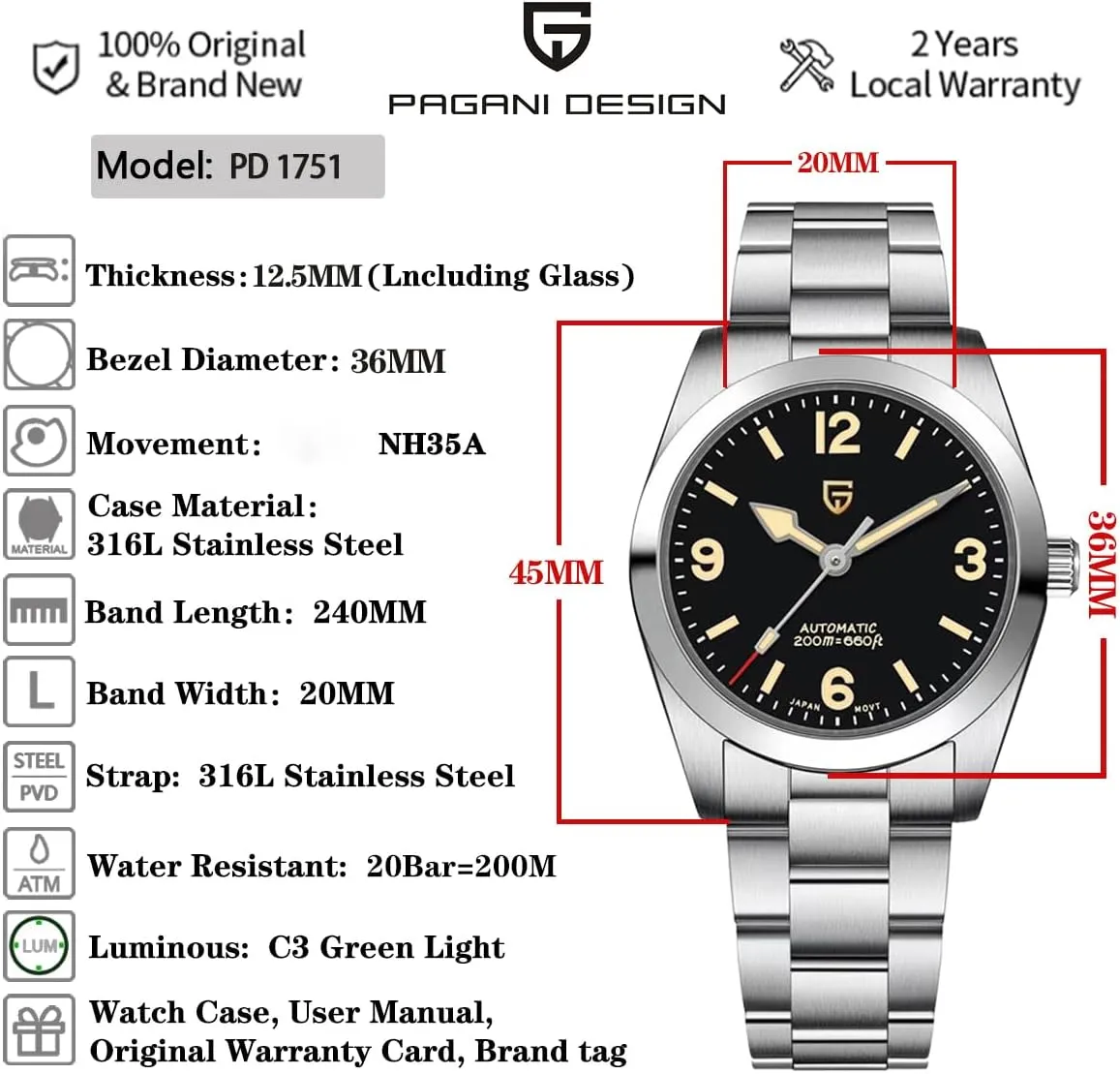 CEYADG Pagani Design Automatic Watches for Men and Women, 36mm Stainless Steel Mens Wristwatch, Sapphire Mechanical Watches, NH35A Movement