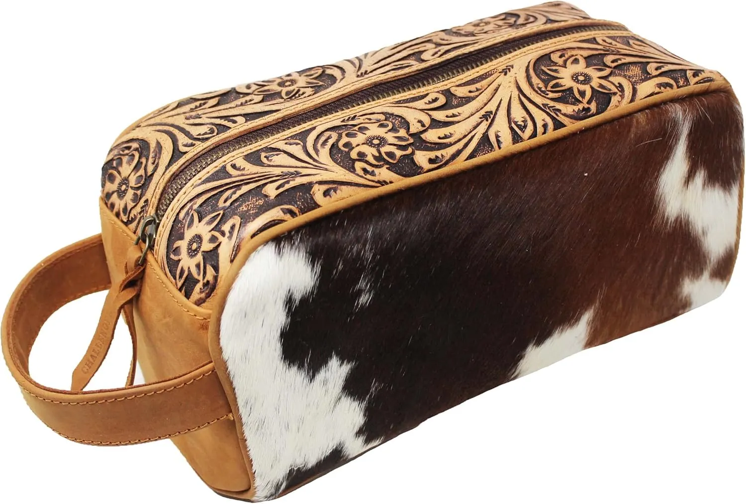CHALLENGER Men's Western Cowhide Tooled Leather Travel Toiletry Dopp Kit Bag 18RTT09