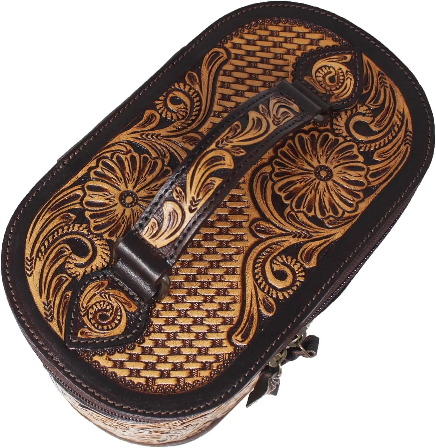CHALLENGER Women's Western Antique Floral Basket Cowhide Tooled Leather Cosmetic Travel Train Bag 18Train