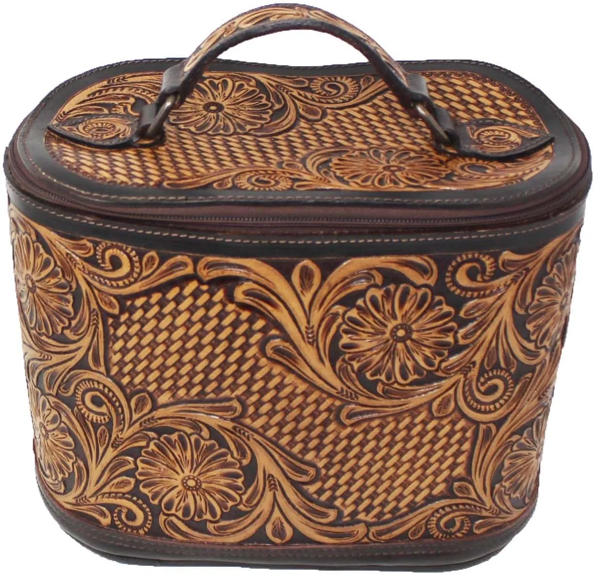 CHALLENGER Women's Western Antique Floral Basket Cowhide Tooled Leather Cosmetic Travel Train Bag 18Train