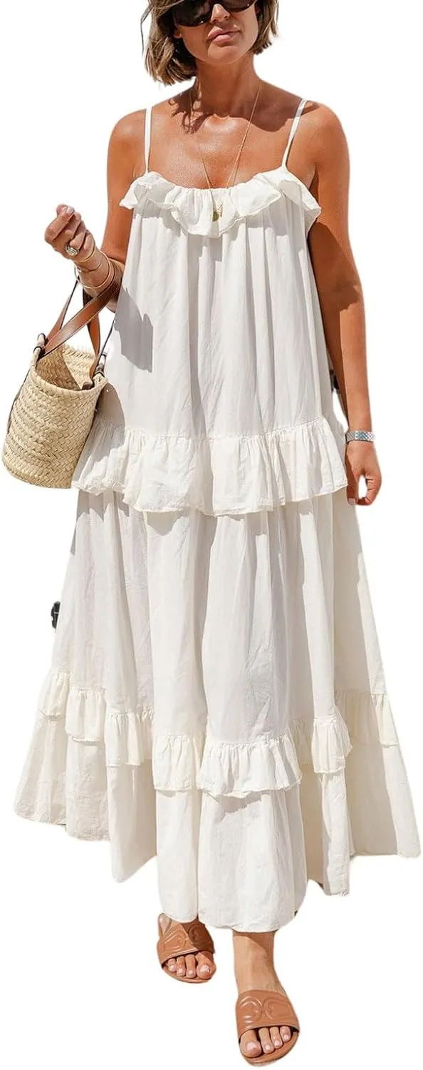 CHARTOU Women's Ruffle Maxi Beach Dress Flowy Long Sleeveless Tiered Lace Up Spaghetti Strap Summer Sundress