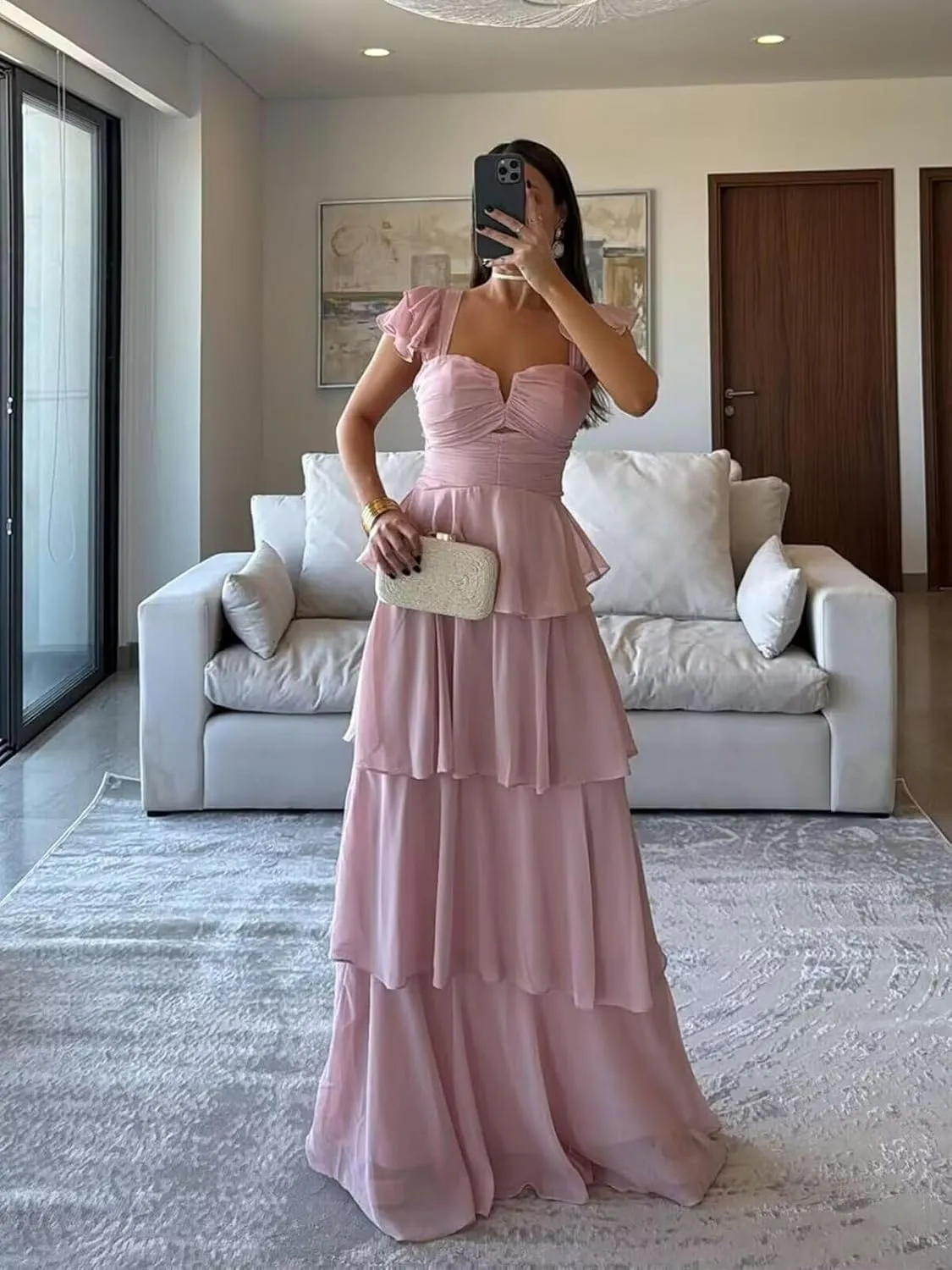 Chiffon Tiered Bridesmaid Dresses with Sleeves Off Shoulder Ruffles Prom Dresses for Women Long Formal Dress