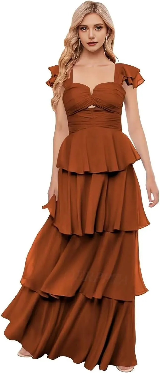 Chiffon Tiered Bridesmaid Dresses with Sleeves Off Shoulder Ruffles Prom Dresses for Women Long Formal Dress