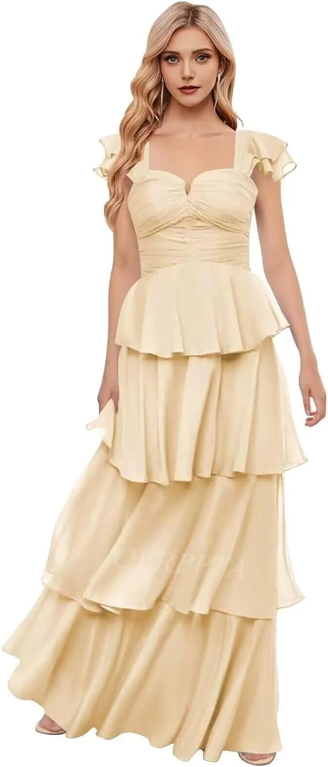 Chiffon Tiered Bridesmaid Dresses with Sleeves Off Shoulder Ruffles Prom Dresses for Women Long Formal Dress