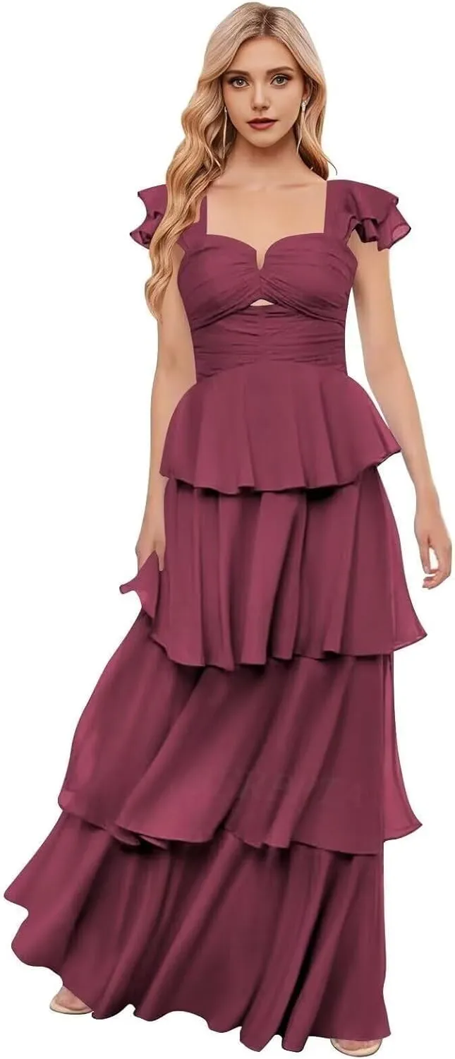 Chiffon Tiered Bridesmaid Dresses with Sleeves Off Shoulder Ruffles Prom Dresses for Women Long Formal Dress