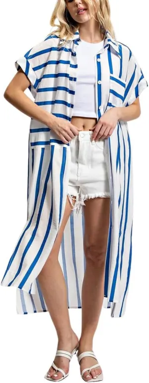 chouyatou Women's Casual Striped Button Down Shirt Dress Loose Side Split Swimsuit Cover Ups Summer Beach Dress