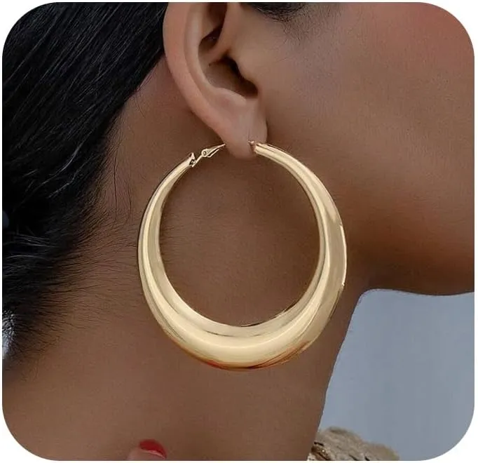 Chunky Gold Large Disco Hoop Earrings for Women Dainty Big Oversized Round Hoops Earring Thick Hypoallergenic Dangle Ear Jewelry Statement Accessories Gifts